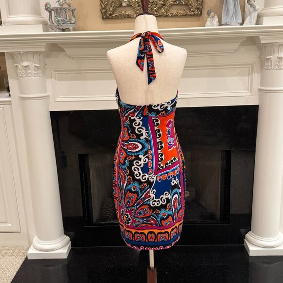 🌺 Cache Multicolor Paisley Halter Dress with Gold Hardware – Size 8 - Picture 7 of 11